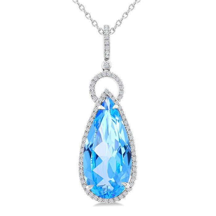 22X10 MM Evoque Gemstones Pear Shape Blue Topaz and 1/3 Ctw Round Cut Diamond Halo Semi-Precious Pendant With Chain in 14K White Gold