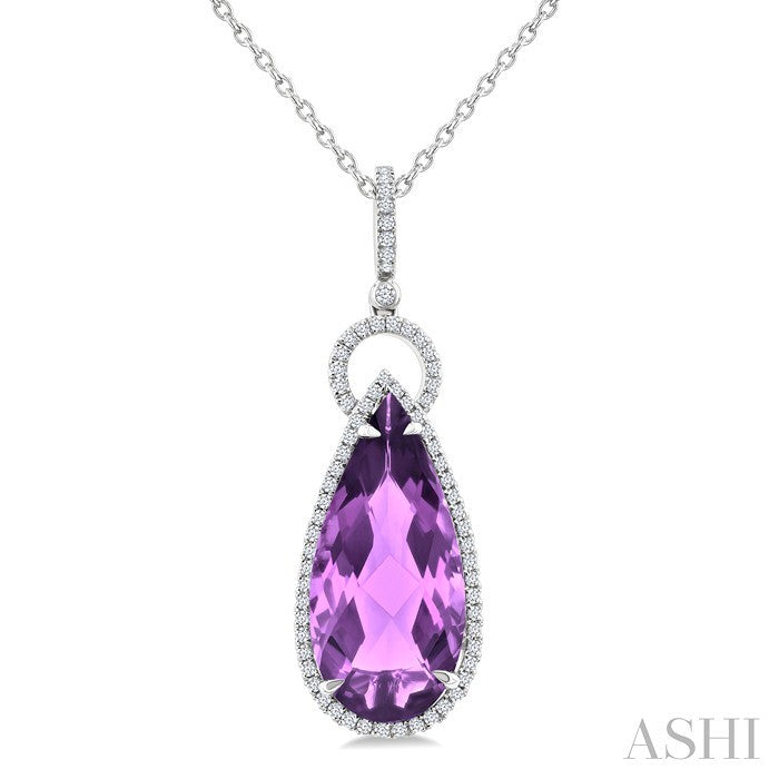 22X10 MM Evoque Gemstones Pear Shape Amethyst and 1/3 Ctw Round Cut Diamond Halo Semi-Precious Pendant With Chain in 14K White Gold