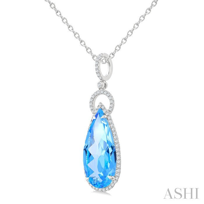 22X10 MM Evoque Gemstones Pear Shape Blue Topaz and 1/3 Ctw Round Cut Diamond Halo Semi-Precious Pendant With Chain in 14K White Gold