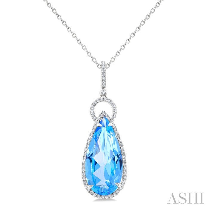 22X10 MM Evoque Gemstones Pear Shape Blue Topaz and 1/3 Ctw Round Cut Diamond Halo Semi-Precious Pendant With Chain in 14K White Gold