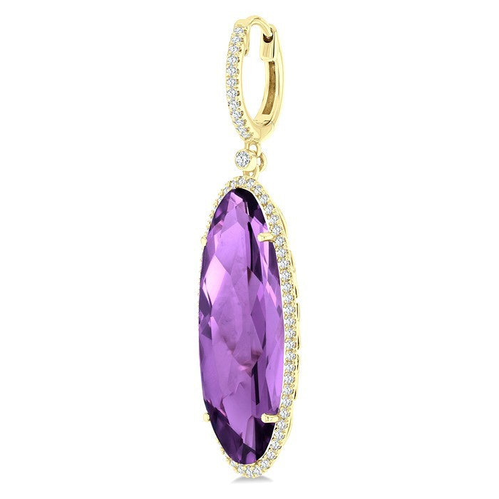 20X8 MM Evoque Gemstones Oval Shape Amethyst and 1/2 Ctw Round Cut Diamond Halo Semi-Precious Earrings in 14K Yellow Gold