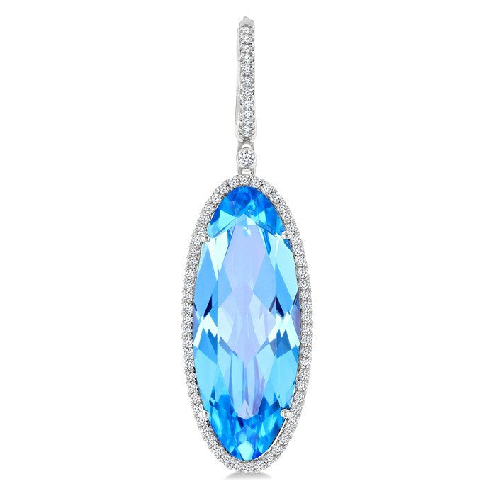 20X8 MM Evoque Gemstones Oval Shape Blue Topaz and 1/2 Ctw Round Cut Diamond Halo Semi-Precious Earrings in 14K White Gold