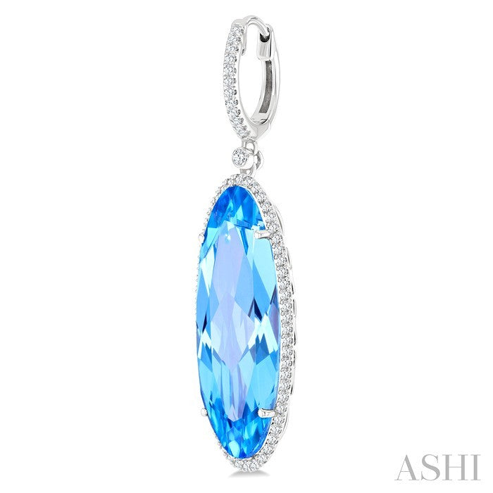 20X8 MM Evoque Gemstones Oval Shape Blue Topaz and 1/2 Ctw Round Cut Diamond Halo Semi-Precious Earrings in 14K White Gold