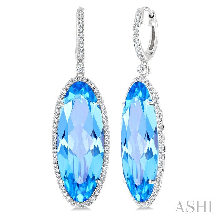 20X8 MM Evoque Gemstones Oval Shape Blue Topaz and 1/2 Ctw Round Cut Diamond Halo Semi-Precious Earrings in 14K White Gold