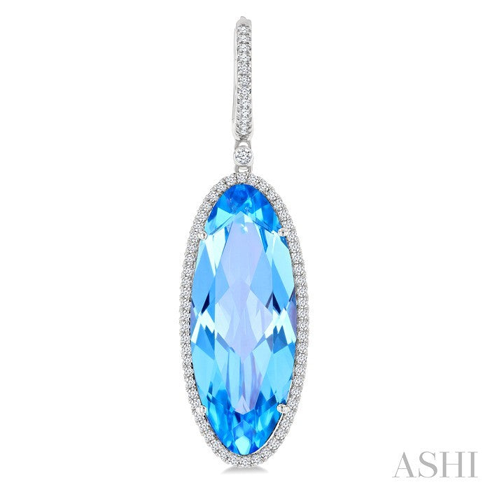 20X8 MM Evoque Gemstones Oval Shape Blue Topaz and 1/2 Ctw Round Cut Diamond Halo Semi-Precious Earrings in 14K White Gold