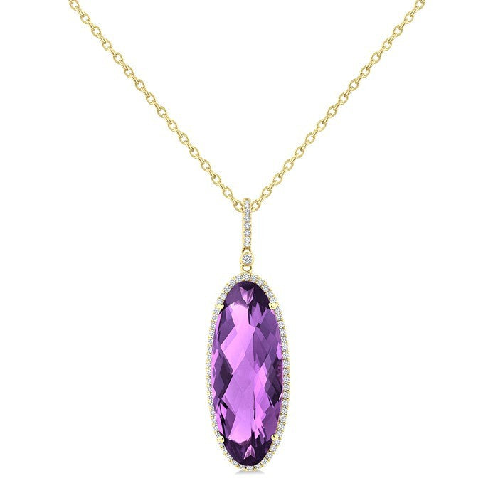 26X10 MM Evoque Gemstones Oval Shape Amethyst and 1/3 Ctw Round Cut Diamond Semi-Precious Pendant With Chain in 14K Yellow Gold
