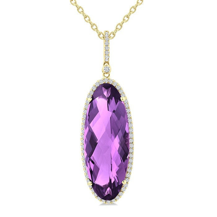 26X10 MM Evoque Gemstones Oval Shape Amethyst and 1/3 Ctw Round Cut Diamond Semi-Precious Pendant With Chain in 14K Yellow Gold