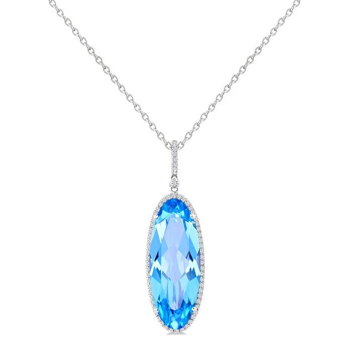 26X10 MM Evoque Gemstones Oval Shape Blue Topaz and 1/3 Ctw Round Cut Diamond Semi-Precious Pendant With Chain in 14K White Gold