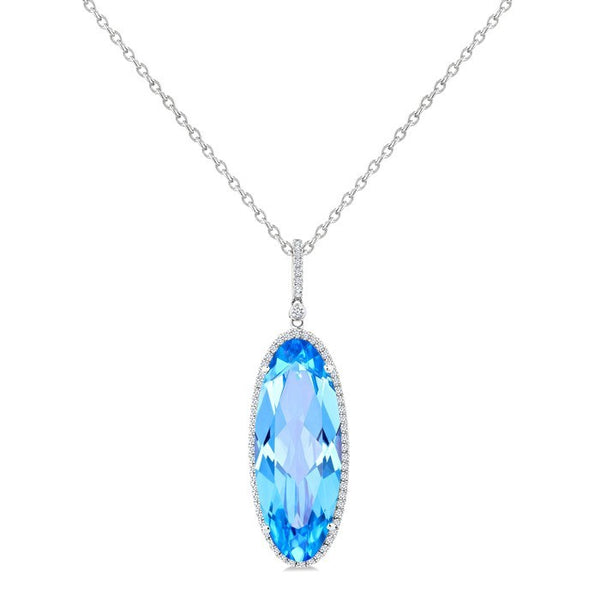 26X10 MM Evoque Gemstones Oval Shape Blue Topaz and 1/3 Ctw Round Cut Diamond Semi-Precious Pendant With Chain in 14K White Gold