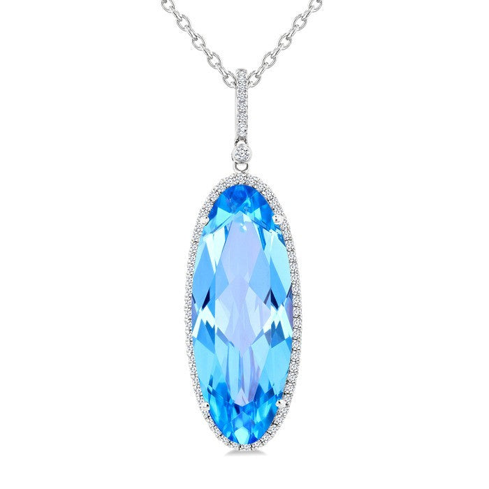 26X10 MM Evoque Gemstones Oval Shape Blue Topaz and 1/3 Ctw Round Cut Diamond Semi-Precious Pendant With Chain in 14K White Gold