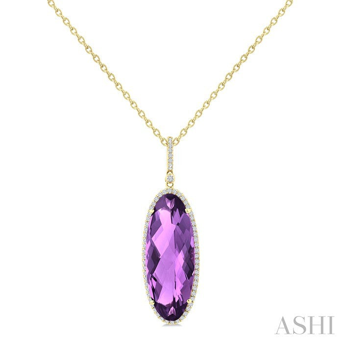 26X10 MM Evoque Gemstones Oval Shape Amethyst and 1/3 Ctw Round Cut Diamond Semi-Precious Pendant With Chain in 14K Yellow Gold
