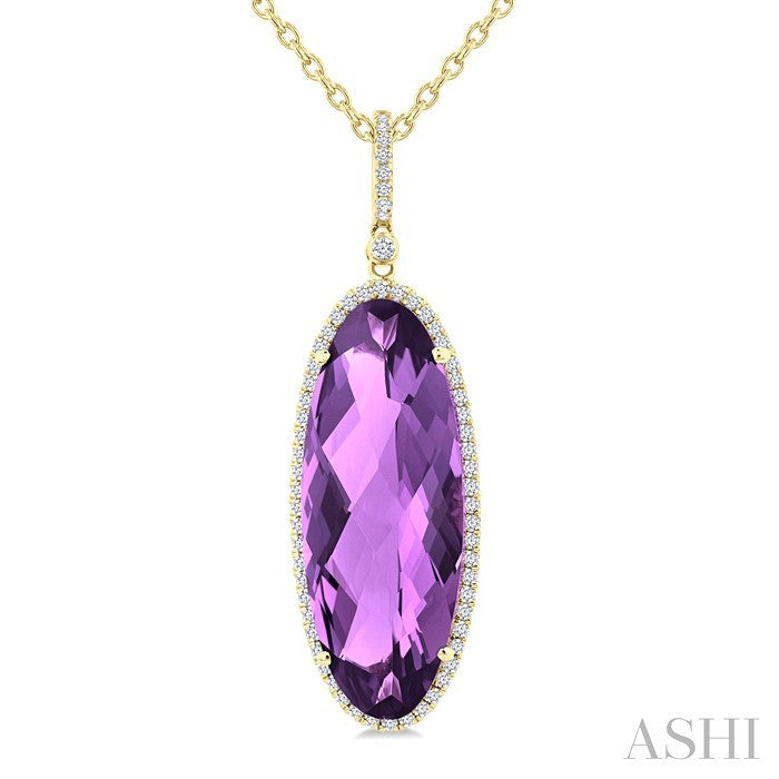 26X10 MM Evoque Gemstones Oval Shape Amethyst and 1/3 Ctw Round Cut Diamond Semi-Precious Pendant With Chain in 14K Yellow Gold