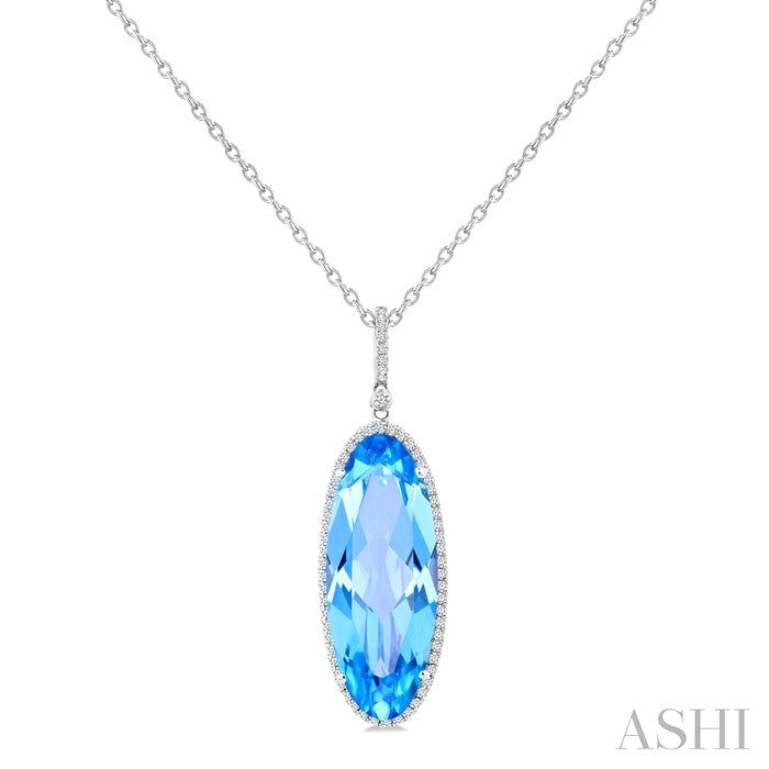 26X10 MM Evoque Gemstones Oval Shape Blue Topaz and 1/3 Ctw Round Cut Diamond Semi-Precious Pendant With Chain in 14K White Gold