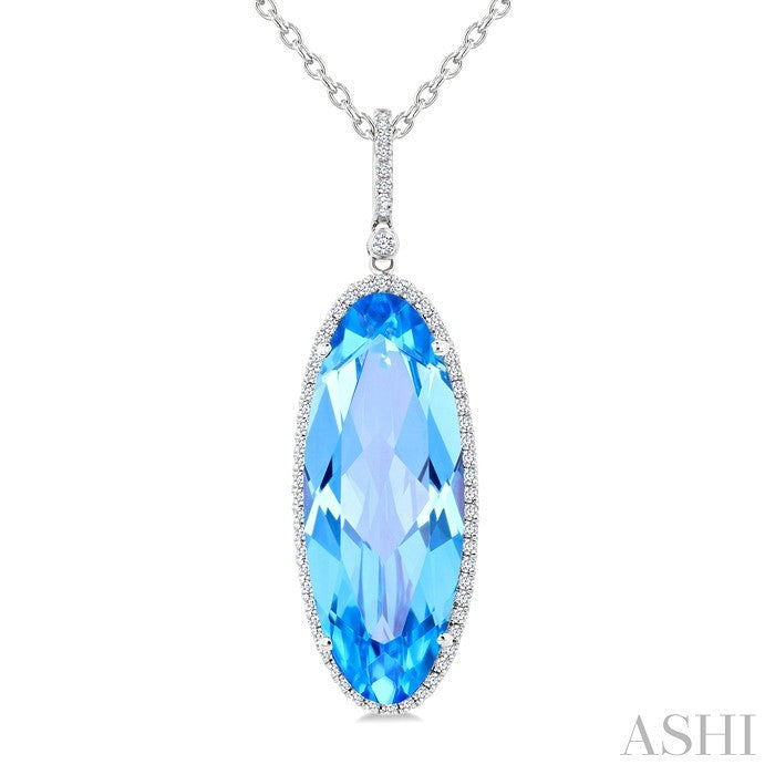 26X10 MM Evoque Gemstones Oval Shape Blue Topaz and 1/3 Ctw Round Cut Diamond Semi-Precious Pendant With Chain in 14K White Gold