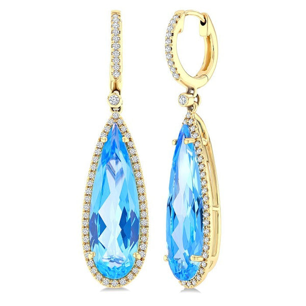 23X7 MM Evoque Gemstones Pear Shape Blue Topaz and 3/8 Ctw Round Cut Diamond Halo Semi-Precious Earrings in 14K Yellow Gold