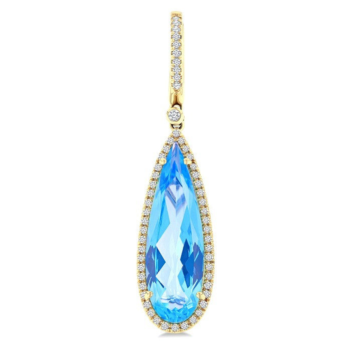 23X7 MM Evoque Gemstones Pear Shape Blue Topaz and 3/8 Ctw Round Cut Diamond Halo Semi-Precious Earrings in 14K Yellow Gold