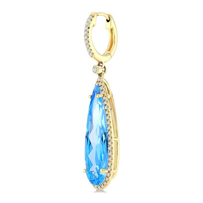 23X7 MM Evoque Gemstones Pear Shape Blue Topaz and 3/8 Ctw Round Cut Diamond Halo Semi-Precious Earrings in 14K Yellow Gold