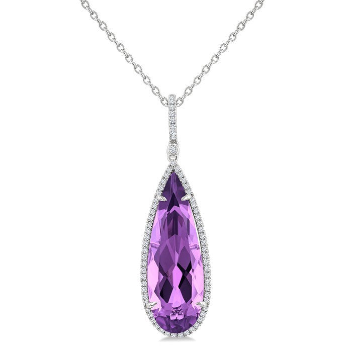 26X9 MM Evoque Gemstones Pear Shape Amethyst and 1/4 Ctw Round Cut Diamond Halo Semi-Precious Pendant With Chain in 14K White Gold