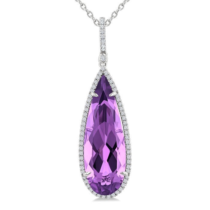 26X9 MM Evoque Gemstones Pear Shape Amethyst and 1/4 Ctw Round Cut Diamond Halo Semi-Precious Pendant With Chain in 14K White Gold