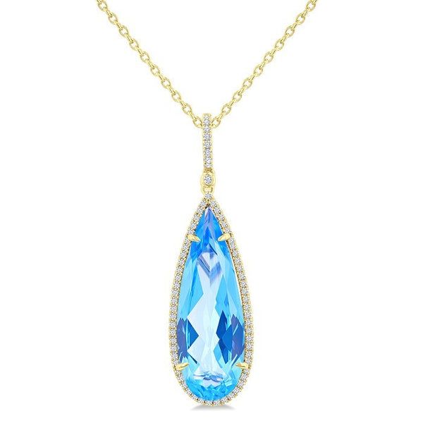 26X9 MM Evoque Gemstones Pear Shape Blue Topaz and 1/4 Ctw Round Cut Diamond Halo Semi-Precious Pendant With Chain in 14K Yellow Gold