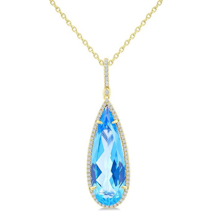 26X9 MM Evoque Gemstones Pear Shape Blue Topaz and 1/4 Ctw Round Cut Diamond Halo Semi-Precious Pendant With Chain in 14K Yellow Gold
