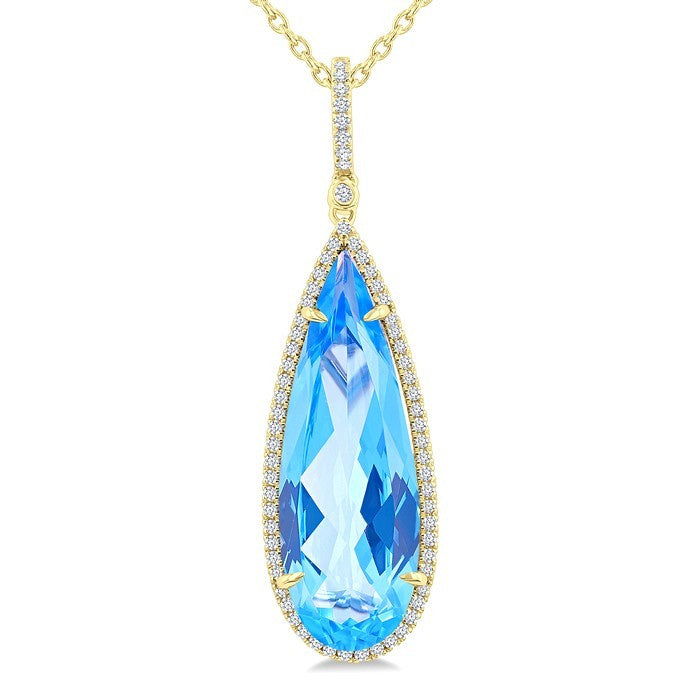 26X9 MM Evoque Gemstones Pear Shape Blue Topaz and 1/4 Ctw Round Cut Diamond Halo Semi-Precious Pendant With Chain in 14K Yellow Gold