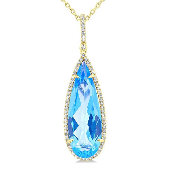 26X9 MM Evoque Gemstones Pear Shape Blue Topaz and 1/4 Ctw Round Cut Diamond Halo Semi-Precious Pendant With Chain in 14K Yellow Gold
