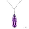 26X9 MM Evoque Gemstones Pear Shape Amethyst and 1/4 Ctw Round Cut Diamond Halo Semi-Precious Pendant With Chain in 14K White Gold
