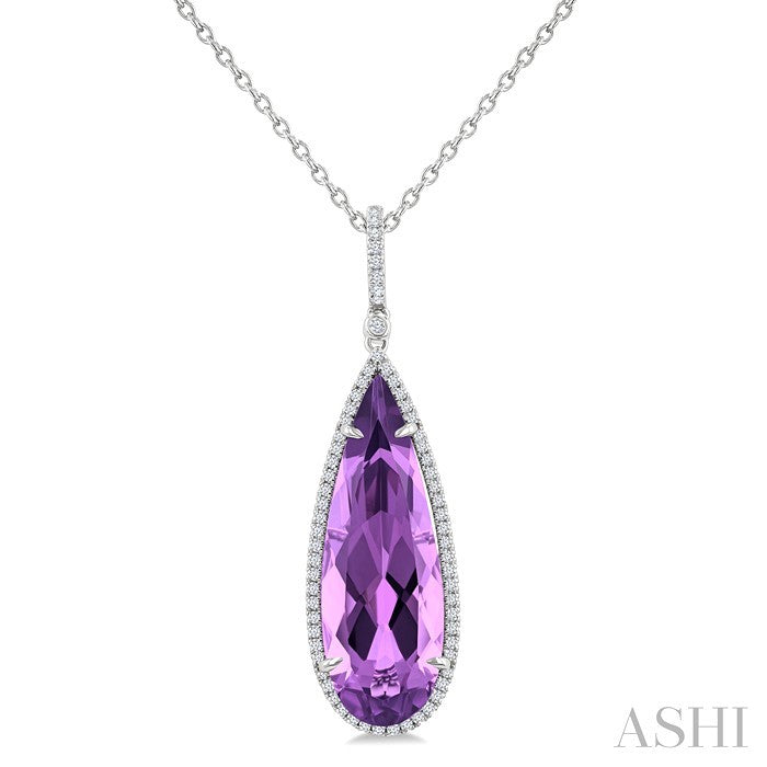 26X9 MM Evoque Gemstones Pear Shape Amethyst and 1/4 Ctw Round Cut Diamond Halo Semi-Precious Pendant With Chain in 14K White Gold