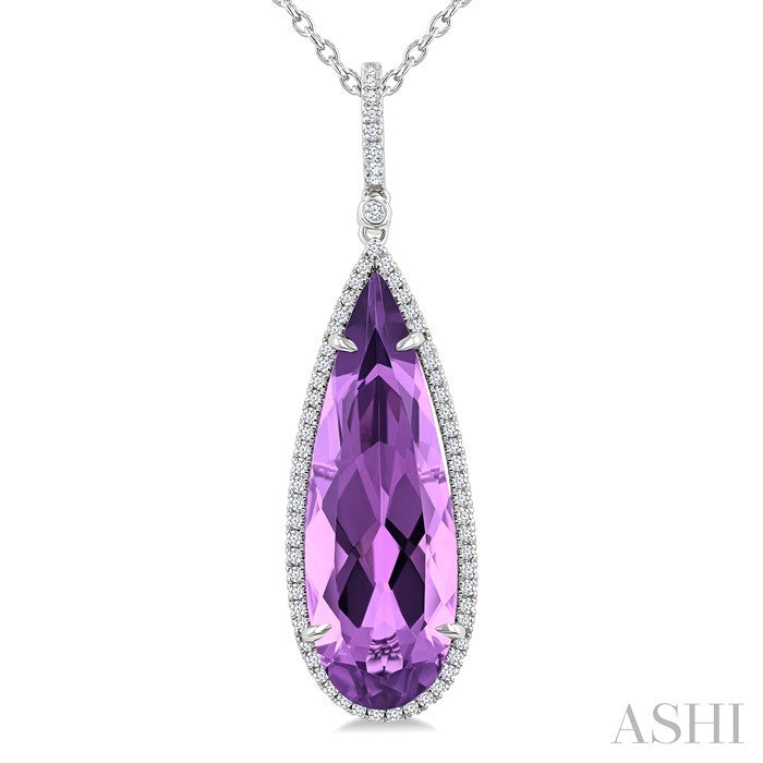 26X9 MM Evoque Gemstones Pear Shape Amethyst and 1/4 Ctw Round Cut Diamond Halo Semi-Precious Pendant With Chain in 14K White Gold