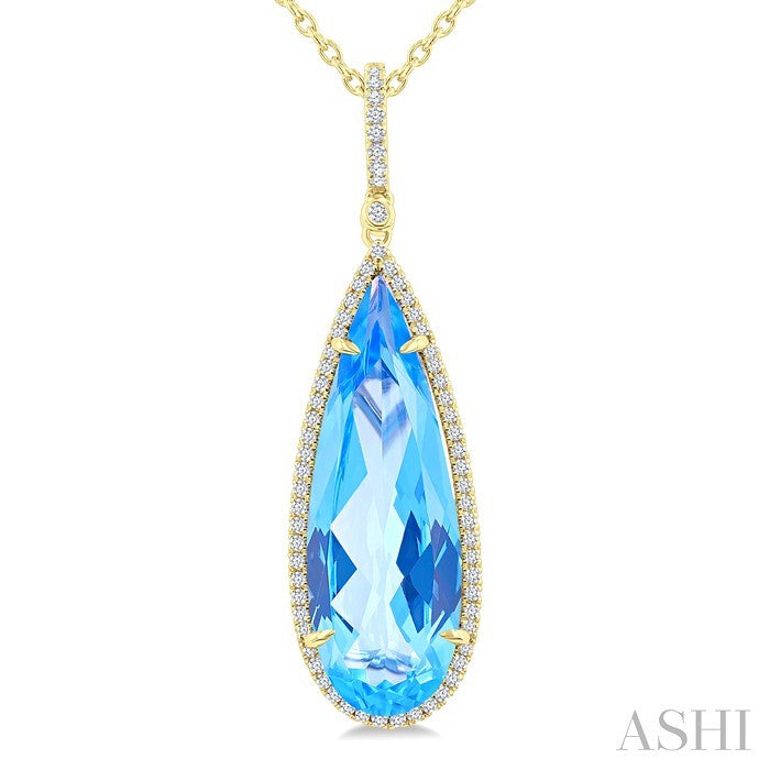 26X9 MM Evoque Gemstones Pear Shape Blue Topaz and 1/4 Ctw Round Cut Diamond Halo Semi-Precious Pendant With Chain in 14K Yellow Gold