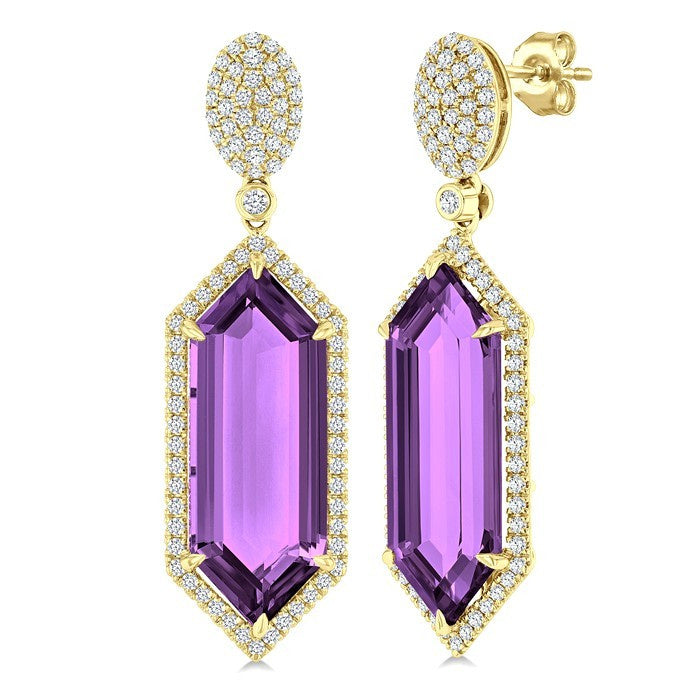 22X8 MM Evoque Gemstones Hexagon Shape Amethyst and 7/8 Ctw Round Cut Diamond Halo Semi-Precious Earrings in 14K Yellow Gold