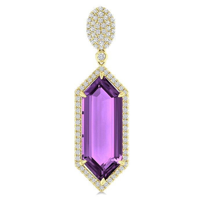 22X8 MM Evoque Gemstones Hexagon Shape Amethyst and 7/8 Ctw Round Cut Diamond Halo Semi-Precious Earrings in 14K Yellow Gold