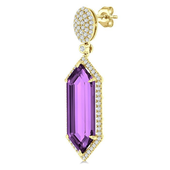 22X8 MM Evoque Gemstones Hexagon Shape Amethyst and 7/8 Ctw Round Cut Diamond Halo Semi-Precious Earrings in 14K Yellow Gold