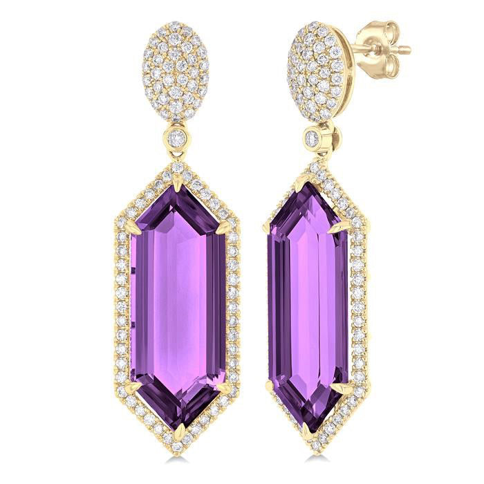 Hexagon Shape Gemstone & Halo Diamond Earrings