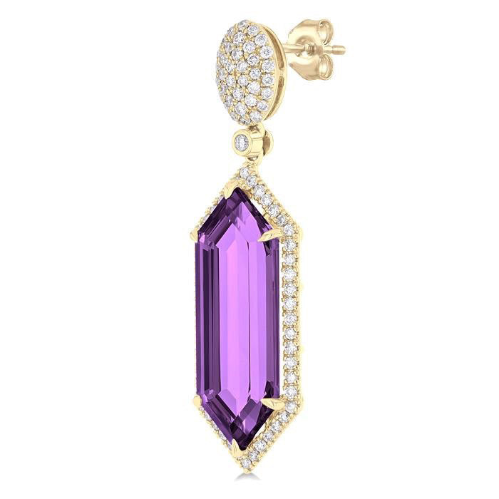 Hexagon Shape Gemstone & Halo Diamond Earrings