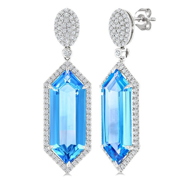 22X8 MM Evoque Gemstones Hexagon Shape Blue Topaz and 7/8 Ctw Round Cut Diamond Halo Semi-Precious Earrings in 14K White Gold
