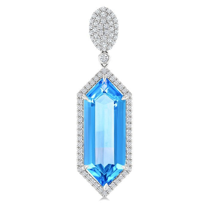 22X8 MM Evoque Gemstones Hexagon Shape Blue Topaz and 7/8 Ctw Round Cut Diamond Halo Semi-Precious Earrings in 14K White Gold