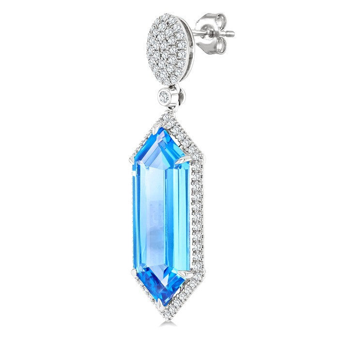 22X8 MM Evoque Gemstones Hexagon Shape Blue Topaz and 7/8 Ctw Round Cut Diamond Halo Semi-Precious Earrings in 14K White Gold
