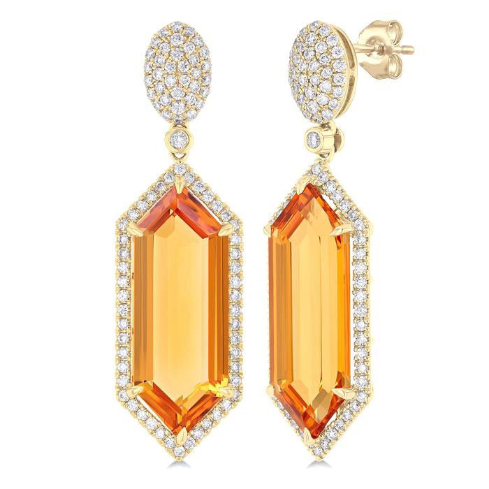 Hexagon Shape Gemstone & Halo Diamond Earrings