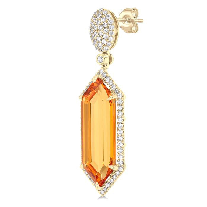 Hexagon Shape Gemstone & Halo Diamond Earrings