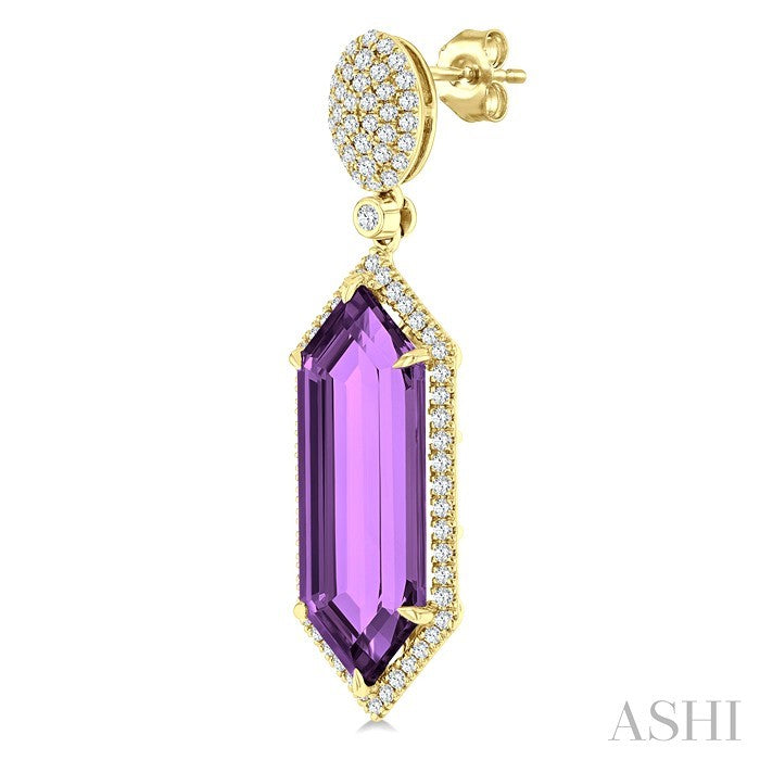 22X8 MM Evoque Gemstones Hexagon Shape Amethyst and 7/8 Ctw Round Cut Diamond Halo Semi-Precious Earrings in 14K Yellow Gold
