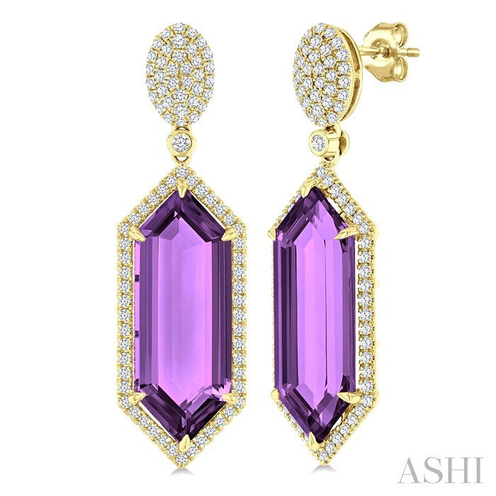 22X8 MM Evoque Gemstones Hexagon Shape Amethyst and 7/8 Ctw Round Cut Diamond Halo Semi-Precious Earrings in 14K Yellow Gold