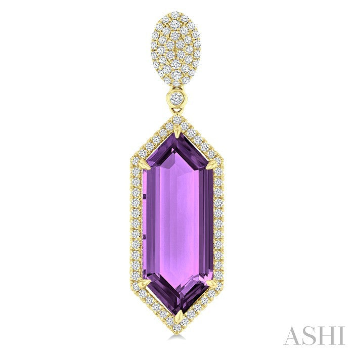 22X8 MM Evoque Gemstones Hexagon Shape Amethyst and 7/8 Ctw Round Cut Diamond Halo Semi-Precious Earrings in 14K Yellow Gold