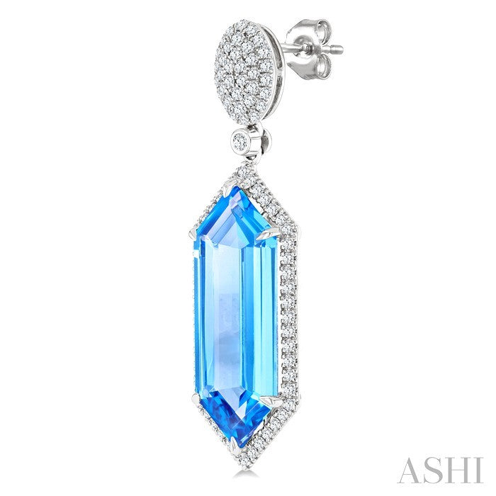 22X8 MM Evoque Gemstones Hexagon Shape Blue Topaz and 7/8 Ctw Round Cut Diamond Halo Semi-Precious Earrings in 14K White Gold