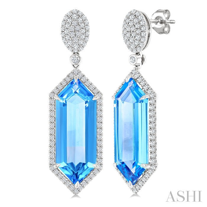 22X8 MM Evoque Gemstones Hexagon Shape Blue Topaz and 7/8 Ctw Round Cut Diamond Halo Semi-Precious Earrings in 14K White Gold