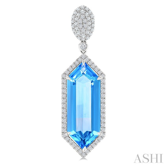 22X8 MM Evoque Gemstones Hexagon Shape Blue Topaz and 7/8 Ctw Round Cut Diamond Halo Semi-Precious Earrings in 14K White Gold