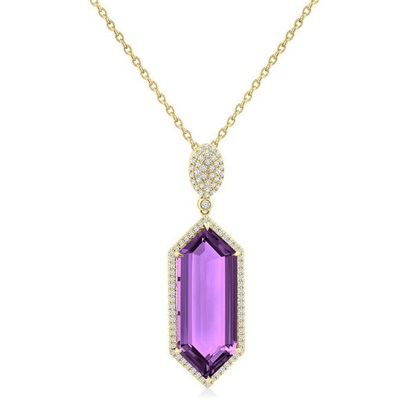 26X10 MM Evoque Gemstones Hexagon Shape Amethyst and 1/2 Ctw Round Cut Diamond Halo Semi-Precious Pendant With Chain in 14K Yellow Gold