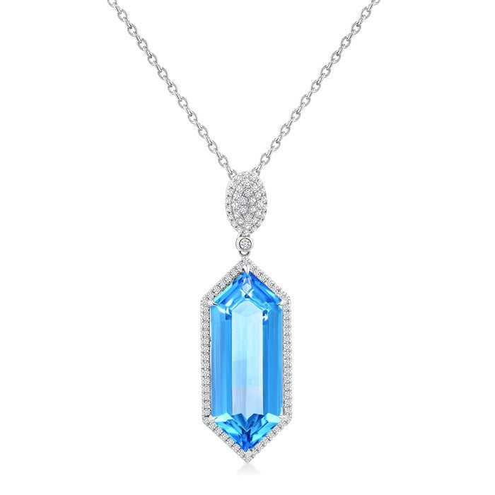 26X10 MM Evoque Gemstones Hexagon Shape Blue topaz and 1/2 Ctw Round Cut Diamond Halo Semi-Precious Pendant With Chain in 14K White Gold