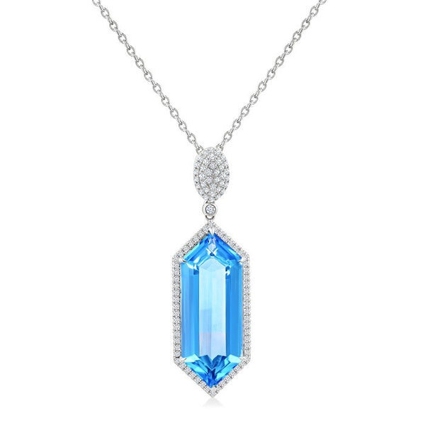 26X10 MM Evoque Gemstones Hexagon Shape Blue topaz and 1/2 Ctw Round Cut Diamond Halo Semi-Precious Pendant With Chain in 14K White Gold